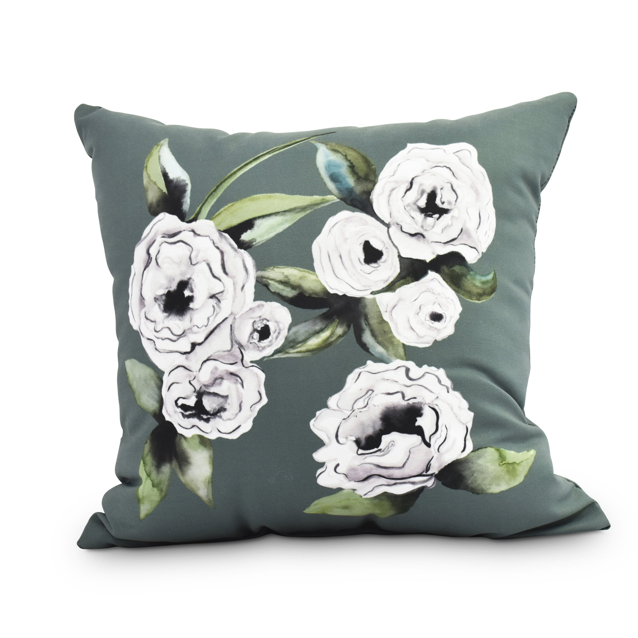 Radiant Rose Green and White Floral Square Polyester Throw Pillow