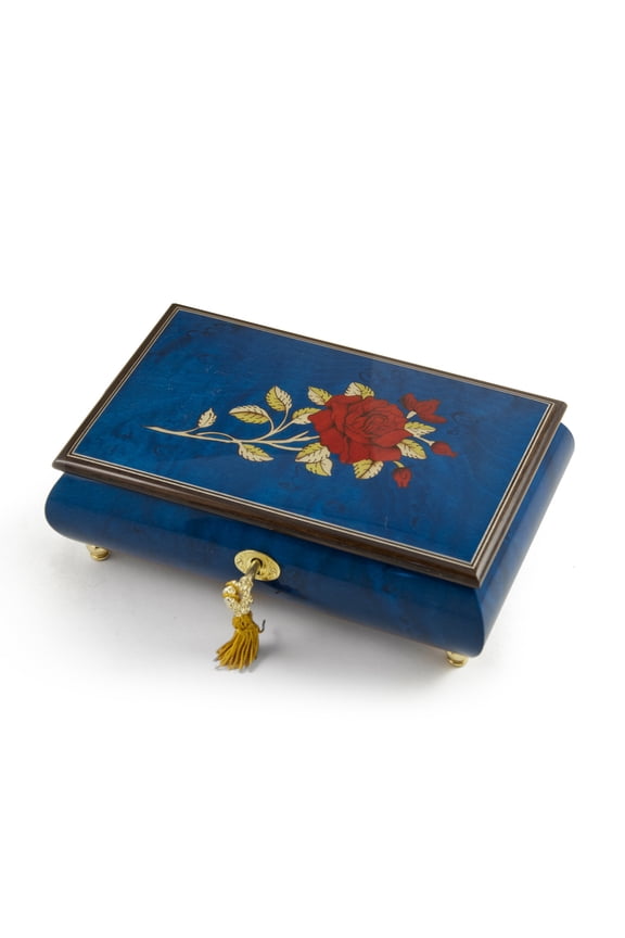 Radiant Royal Blue Italian Musical Jewelry Box with Red Rose Inlay - Have Yourself A Merry Little Xmas