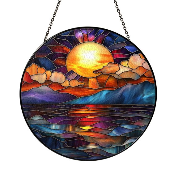 Radiant Seaside Sunset Stained Glass Window Hanging, Luminous Ocean View Suncatcher With Warm Evening Glow Decor