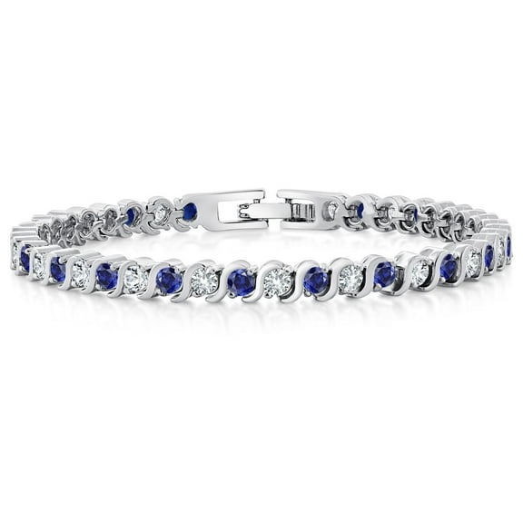 Radiant Simulated Blue Sapphire and Sparkling White Cubic Zirconia Tennis Bracelet for Women - The Perfect Luxury Gift for Her on Weddings and Special Occasions - 4.50 Cttw, 7 inch Length