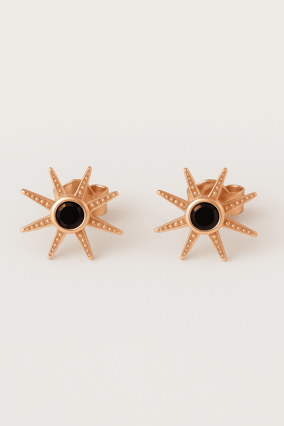Radiant Starburst 18k Rose Gold-Plated Stud Earrings with Black Stone Center