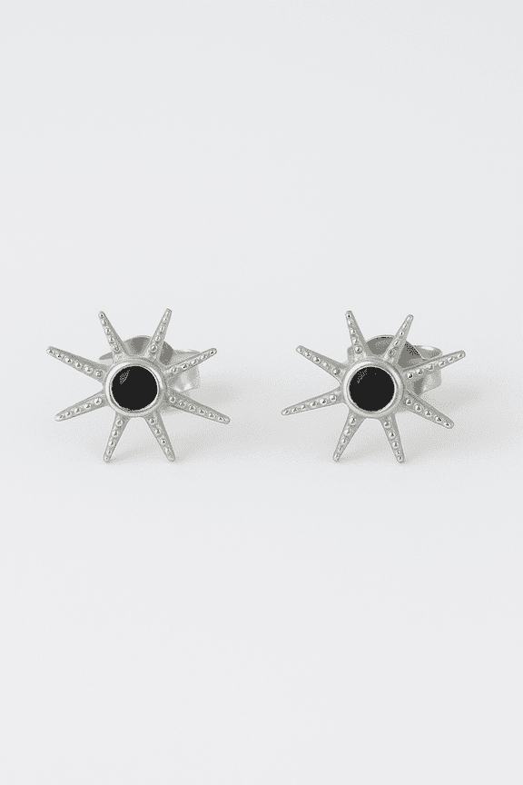 Radiant Starburst Silver-Plated Stud Earrings with Black Stone Center