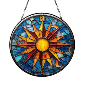Radiant Sun Compass Stained Glass Window Decor, Celestial Direction Inspired Suncatcher Accent for Warm Boho Interiors