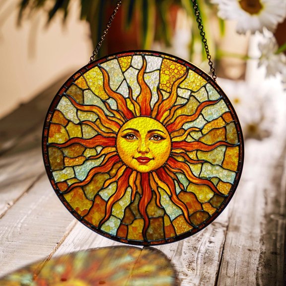Radiant Sun Face Glass Suncatcher, Spiritual Window Decor, 3.5 in