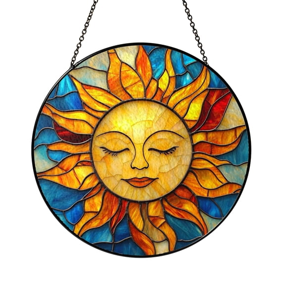 Radiant Sun Face Stained Glass Panel, Sun and Clouds Window Art Decor for Warm Bright Home Interiors