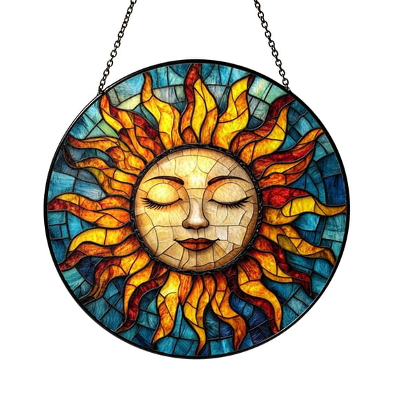 Radiant Sun Face Stained Glass Window Decor, Warm Celestial Art Panel for Light Filled Interiors