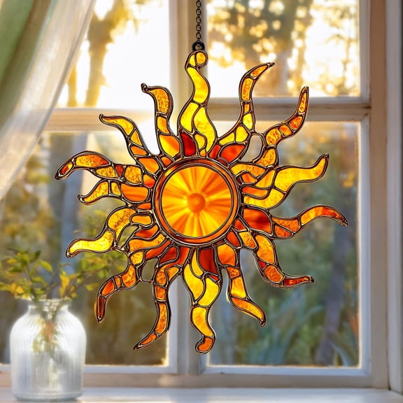 Radiant Sun Faux Stained Glass Suncatcher, Solar Acrylic Window Hanging, Bright Sunburst Boho Home Gift Sun Suncatcher Decor