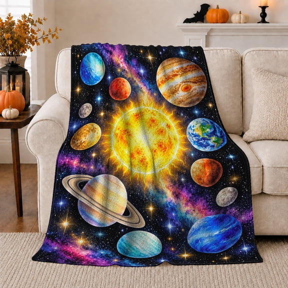 Radiant Sun Orbiting Planets Cosmic Map Astronomy, Mystical Celestial Scene, Warm Flannel Blanket for Living Room and Bedroom, Celestial Art Lovers Graduation Gift, Celestial Home Decor