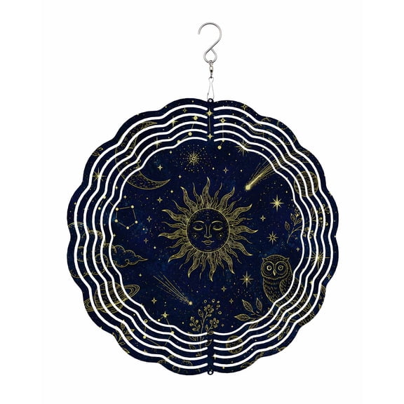Radiant Sun Wind Spinner for Garden Yard 8In, Vintage Gold Crescent Moon Owl Star Constellation 3D Stainless Steel Kinetic Hanging Wind Spinners Rustproof Outdoor Decor for Lawn Patio Home