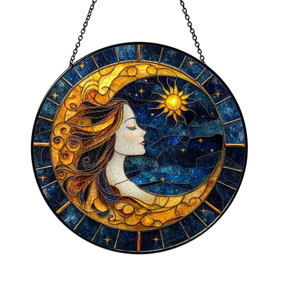 Radiant Sun and Crescent Moon Female Face Window Suncatcher, Stained Glass Style Celestial Hanging Decor, Elegant Cosmic Home Accent Gift