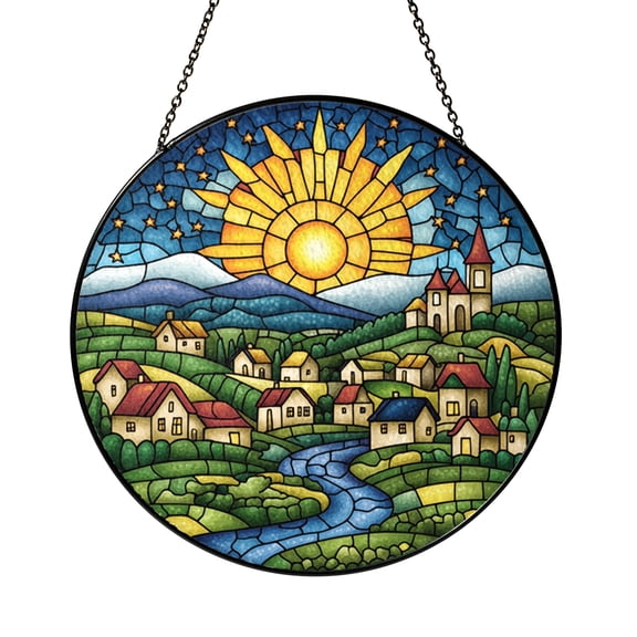 Radiant Sun and Starry Sky Village Stained Glass Window Decor