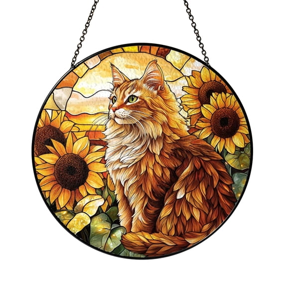 Radiant Sunflower Cat Stained Glass Window Panel, Cozy Floral Feline Accent for Living Spaces