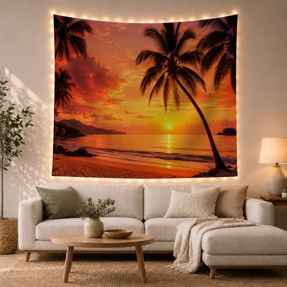 Radiant Sunset Over Calm Ocean Horizon with Silhouetted Palms, Serene Coastal for Beach Lovers, Tropical Wall Art Decor, Housewarming Gift, Tapestry Wall Hanging for Living Room and Bedroom