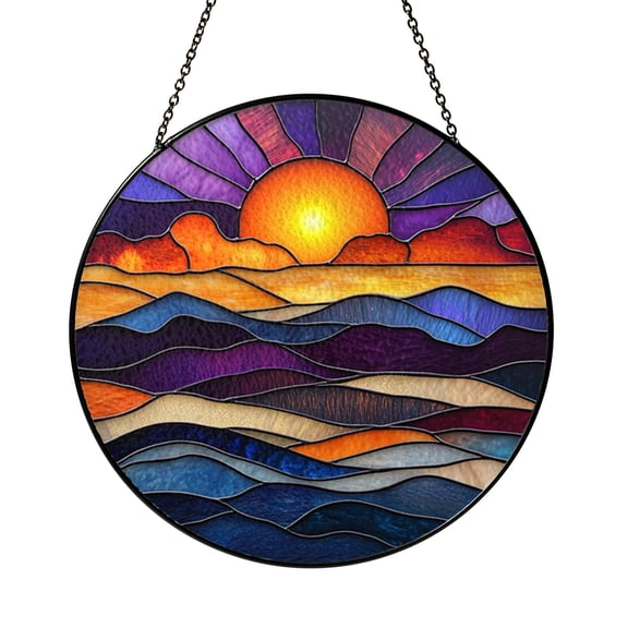 Radiant Sunset Over The Ocean Stained Glass Suncatcher Window Hanging, Glowing Horizon Seascape With Warm Light, Peaceful Coastal Home Decor