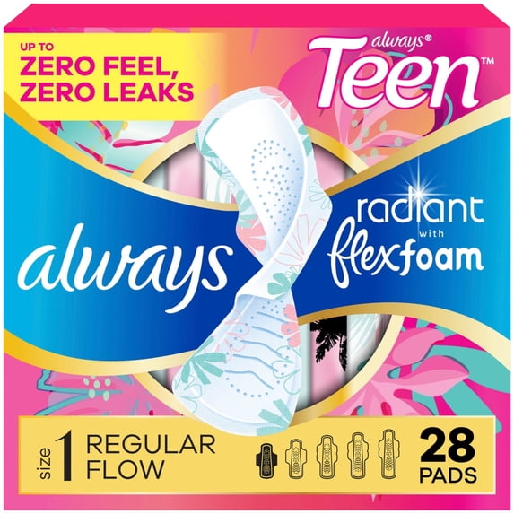 Radiant Teen Pads, Size 1, Regular, with Wings, Unscented, 28 Count