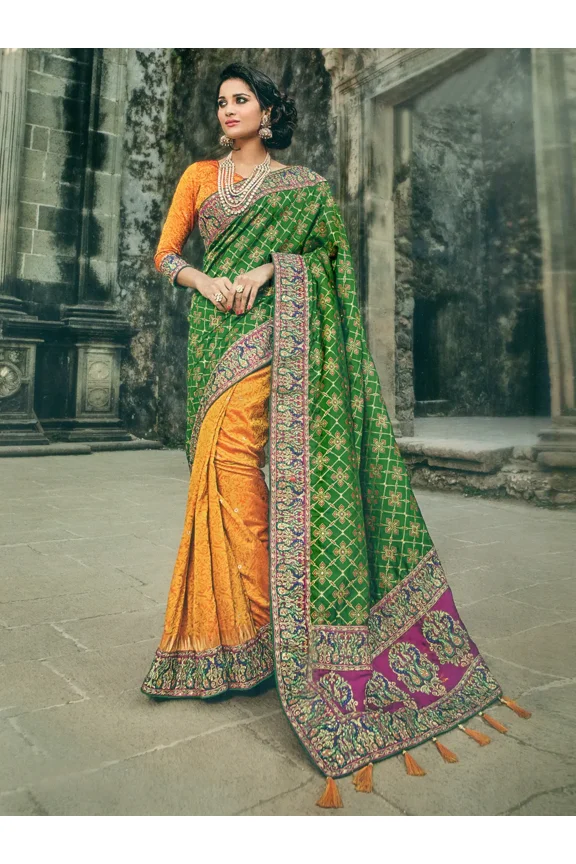 Radiant-Yellow Banarasi Silk Saree With Heavy Zari Embroidered Border And Aanchal