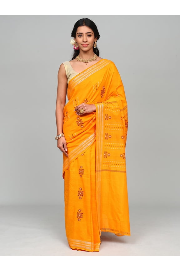 Radiant-Yellow Pure Cotton Sambalpuri Saree with Thread Woven Motifs and Rudraksha Border