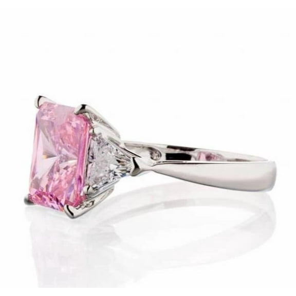 Radiant and Triangle Cut Pink Cubic Zirconia Engagement Ring In Sterling Silver