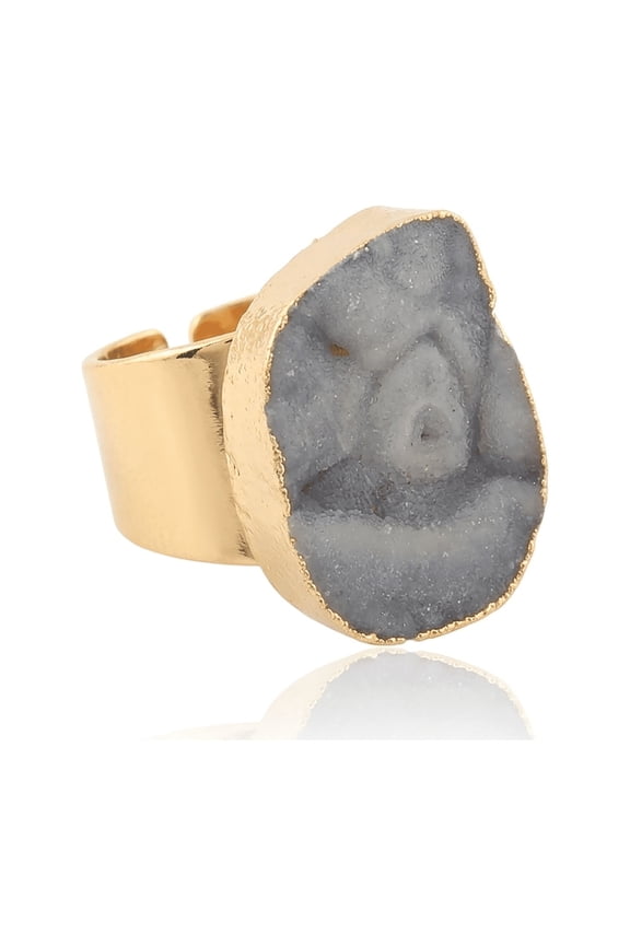 Gray Druzy Gemstone Ring- Gold-Plated Brass, Adjustable Size Hypoallergenic Jewelry Gift For Women's, Ring Size - 7