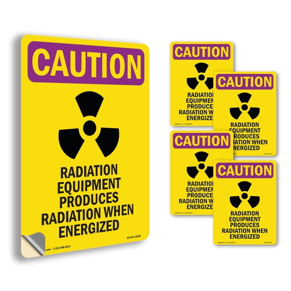 Radiation Equipment With Symbol OSHA Caution Radiation Vinyl Decal Label 5 Inch x 3.5 Inch - 5 Pack