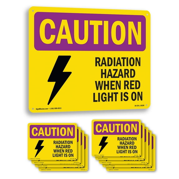 Radiation Hazard When Red Light Is On With Symbol OSHA Caution Radiation Rigid Plastic Sign 18 Inch x 12 Inch - 10 Pack