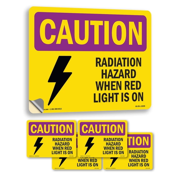 Radiation Hazard When Red Light Is On With Symbol OSHA Caution Radiation Vinyl Decal Label 5 Inch x 3.5 Inch - 5 Pack