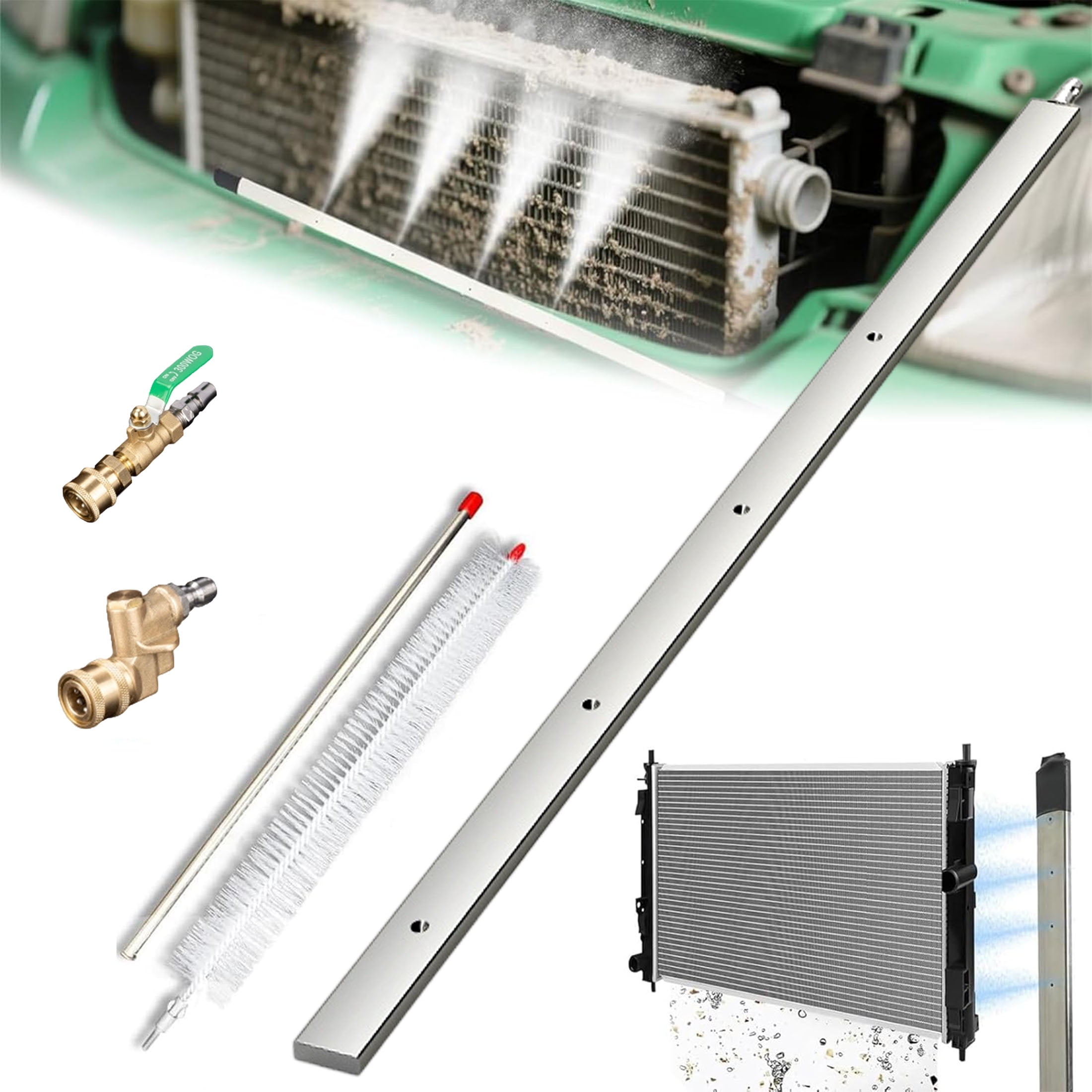Radiator Cleaning Wand Tool, 4500 Psi Slim Fan Spray Nozzle, With Cleaning Brush and Quick Coupler for Automotive Radiators, Condensers, Hvac & Heavy Machinery