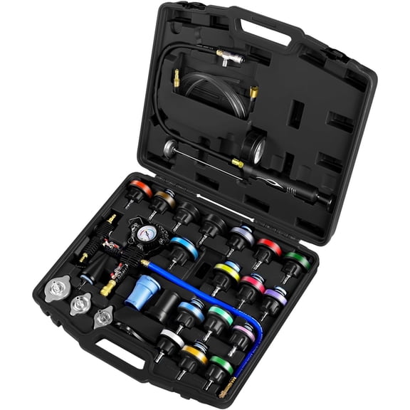 Radiator Coolant Prsure Tter Vacuum Refill Tool Kit, 28PCS Automotive Cooling System Leak Tt and Pneumatic Purge Fill Set with Tting Adapter Caps Universal for Airlift Car Auto Truck