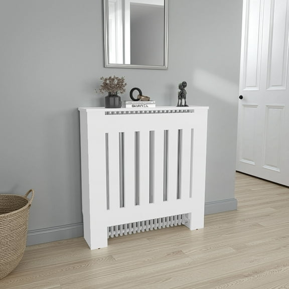 Radiator Cover Cabinet with Slatted Panel, Modern Home Furniture for Heating Units, Ventilated Decorative Enclosure, White,
