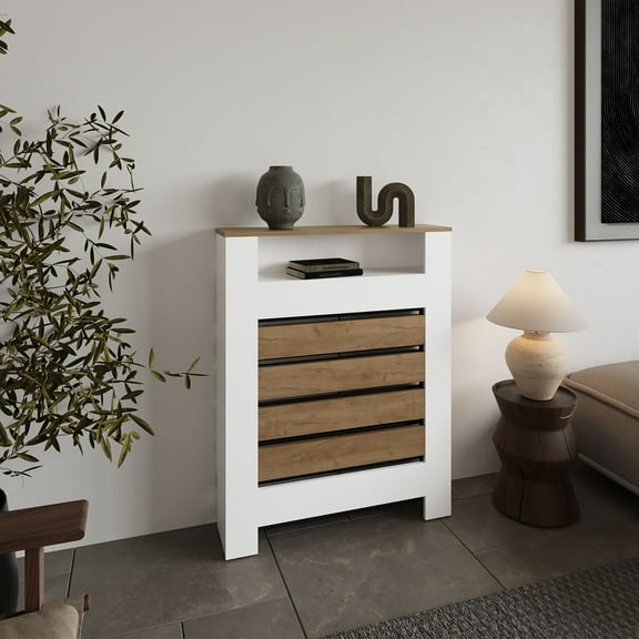 Radiator Cover Mistral Cabinet with Slatted Panel, Modern Home Furniture for Heating Units, Ventilated Decorative Enclosure, Light Oak,