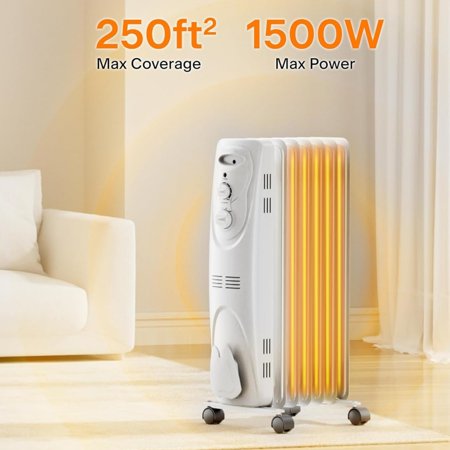 Radiator Heater for Large Space, Electric Oil Filled Radiator, Dual Knobs, 1500W, Quiet Space Heater, 3 Modes, Tip-over Protection
