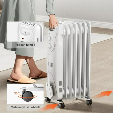 Radiator Heater for Large Space, Electric Oil Filled Radiator, Dual Knobs, 1500W, Quiet Space Heater, 3 Modes, Tip-over Protection