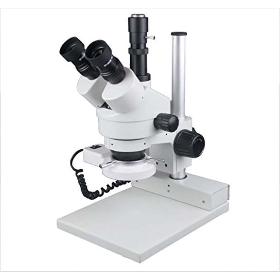 Radical 100mm Working Distance 45x Zoom Stereo PCB Welding Mobile Watch Repair Trinocular Microscope w Camera Port C Mount and Circuler LED Variable Light