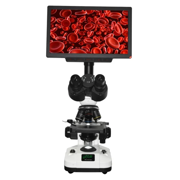 Radical 2500x Trinocular Medical Lab Microscope with Top Bottom Light, Front Info Display & 4K Camera & 10” LCD Display