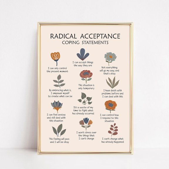 Radical Acceptance Coping Statements Printable, DBT Poster for Therapy Office Decor, Cognitive Distortions and Acceptance Commitments, Unframed Paper Poster 8x10in