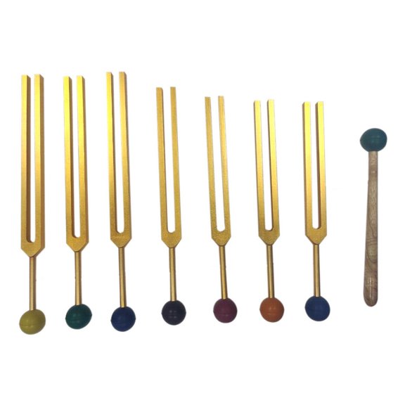 Radical Golden Chakra Set of 7 Tuning Forks w Chakra Colored Balls Mallet Pouch