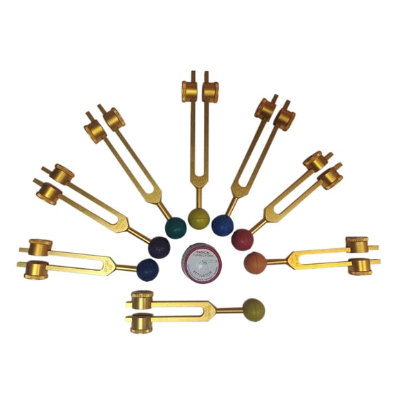 Radical Golden Radical Tuning Fork, 7 Chakras +1 Soul Purpose Weighted Tuning Forks with Chakra Color Balls Silicone Mallet Aluminum Alloy Premium Instrument (126.22 Hz, 136.1 Hz, 141.27 Hz etc.)