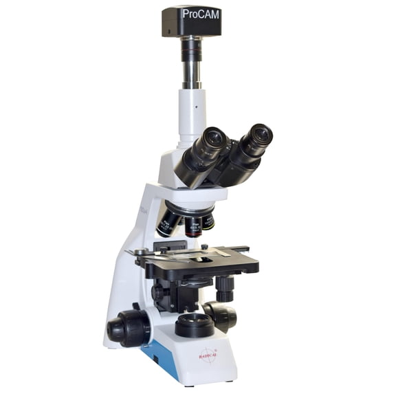 Radical Research Compound Lab Microscope w Infinity Plan Objectives, 18Mega Pixel HD USB3.0 Camera, Wide Field 10x Eyepiece 20mm Field of Vew, Precise Focus, 3D Stage, LED, 2500x