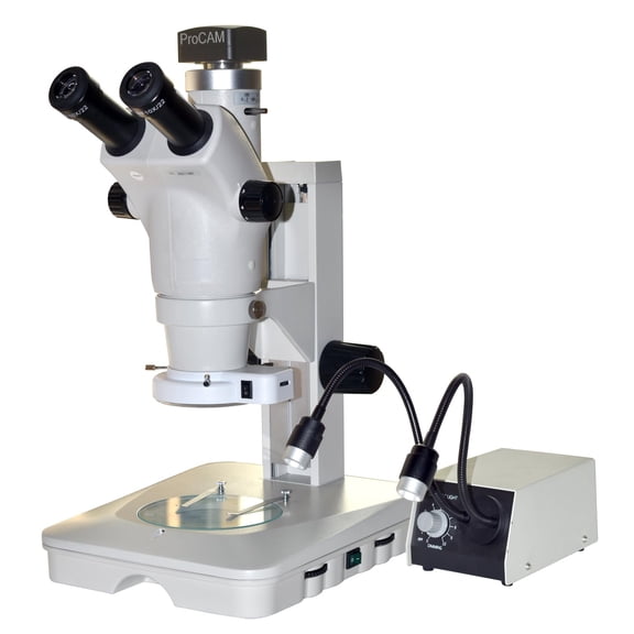 Radical Super Resolution Highest Zoom 1:10 Ratio Stereo Microscope Continous 5-50x Built inC Mount Top Bottom LED Light & External Fibre Light 110mm/4.5" Working Distance 25 Mega Pixel Camera