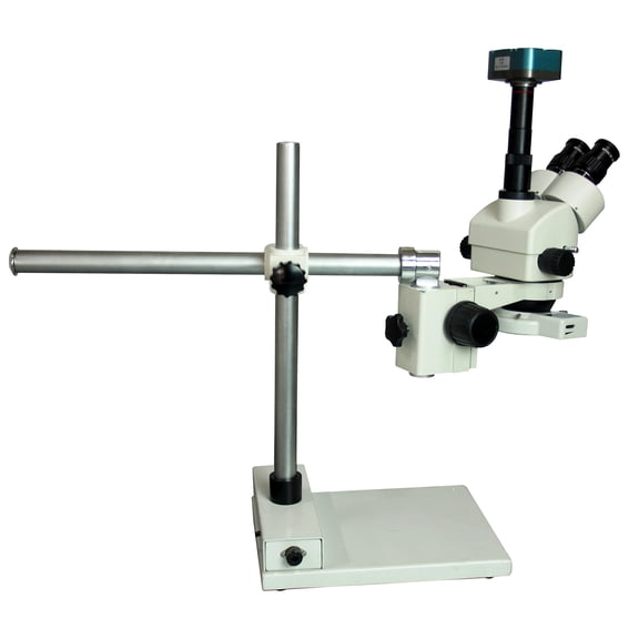 Radical Trinocular Assembly Line & PCB Inspection Welding 7-180x High Power 65mm Working Distance Zoom Stereo Boom XYZ Universal 360 Degree Rotatable Stand Microscope Circular White Light 3Mp Camera