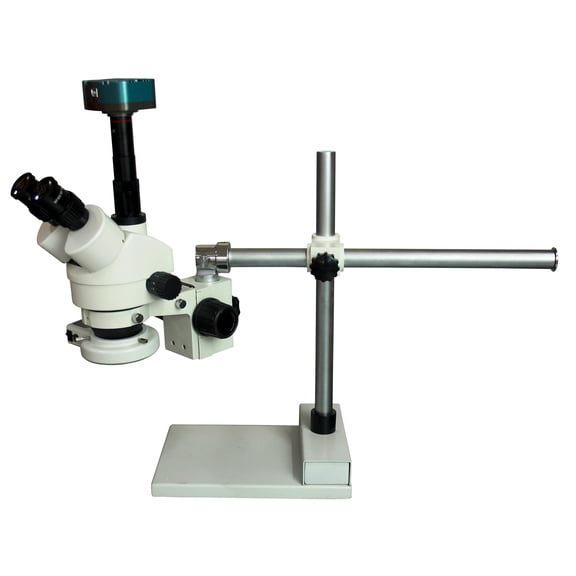 Radical Trinocular Assembly Line & PCB Inspection Welding 7-45x 100mm Working Distance Zoom Stereo Boom XYZ Universal 360 Degree Rotatable Stand Microscope with Circular Light 5Mega Pixel Live Camera