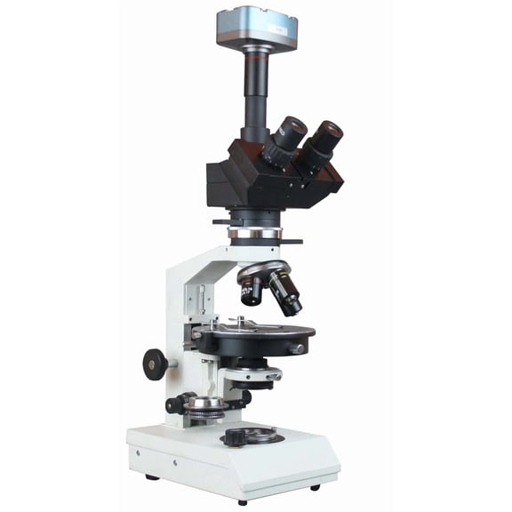 Radical Trinocular Professional Polarizing Microscope w LED, Centering Stage, Bertrand Lens, Conscopy, Full & Quater Wave Plates w 18MP USB PC Camera w Particle Counting & Measuring Software