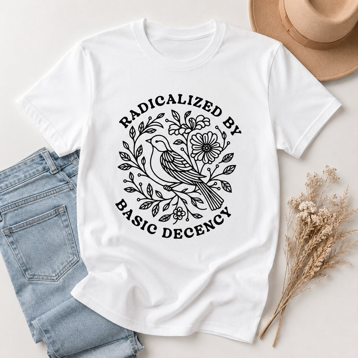 Radicalized By Basic Decency Floral Bird Graphic T-Shirt, Unisex ...