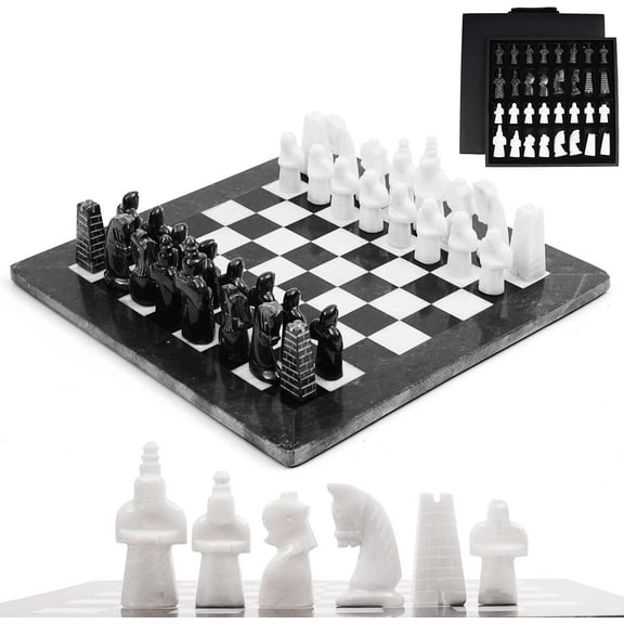 Open Box Radicaln 15" Black and White Marble Chess Set with Antique 32 Stone Pieces & Storage Box Luxury Gift for Dad, Home Decor, Strategy Game for Adults