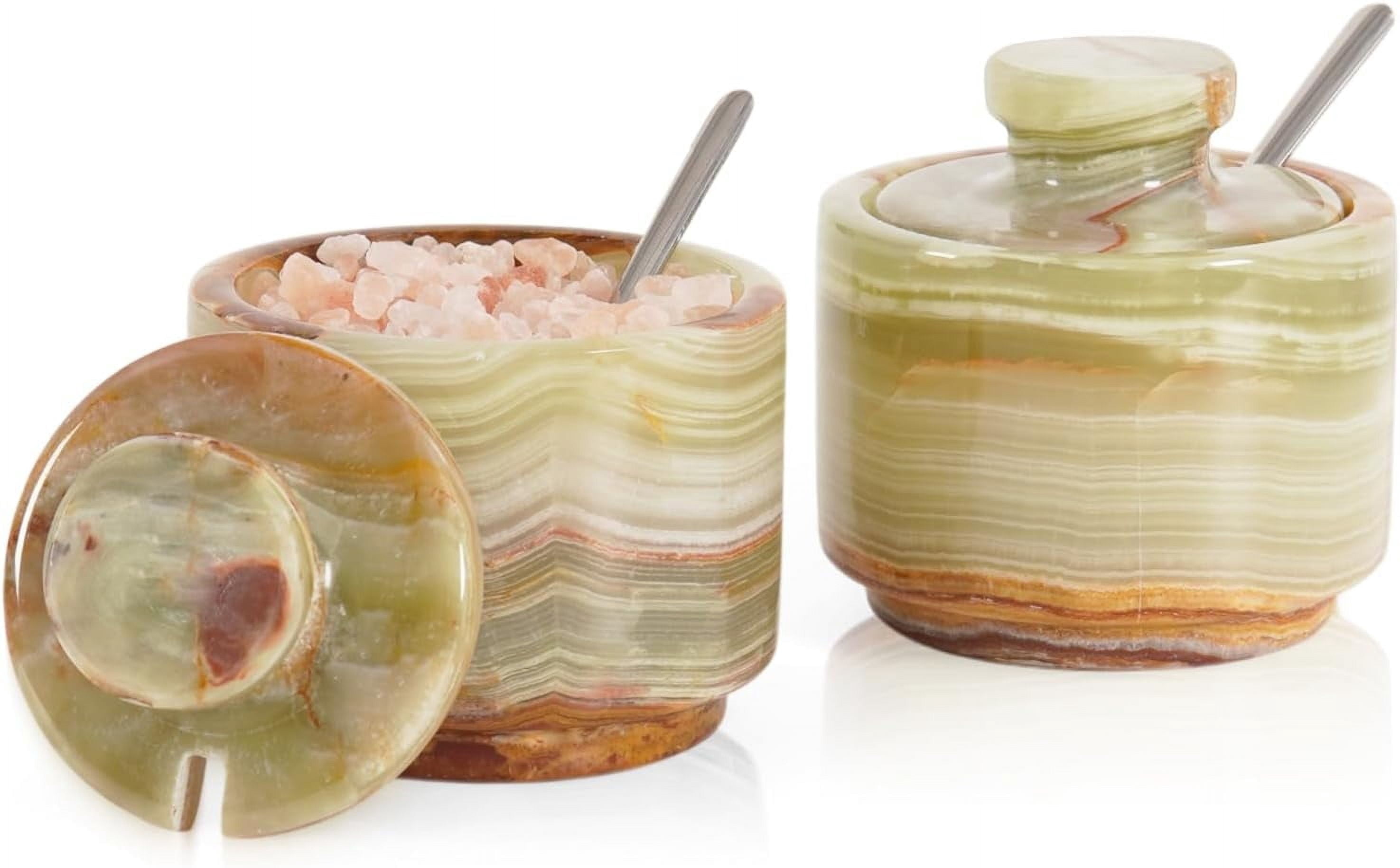 Salti Containers Radicaln Marble Salt Cellar with Lid and Spoon 3 inch Green Stone Salt ...