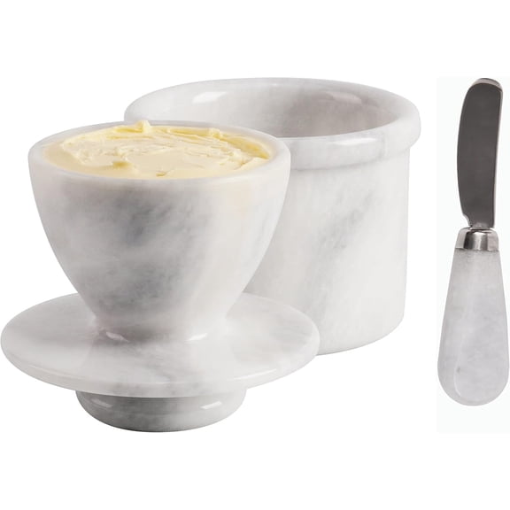 Radicaln Marble Butter Dish With Knife White Handmade Butter Crock for Kitchen Counter - Spreadable Butter Keeper
