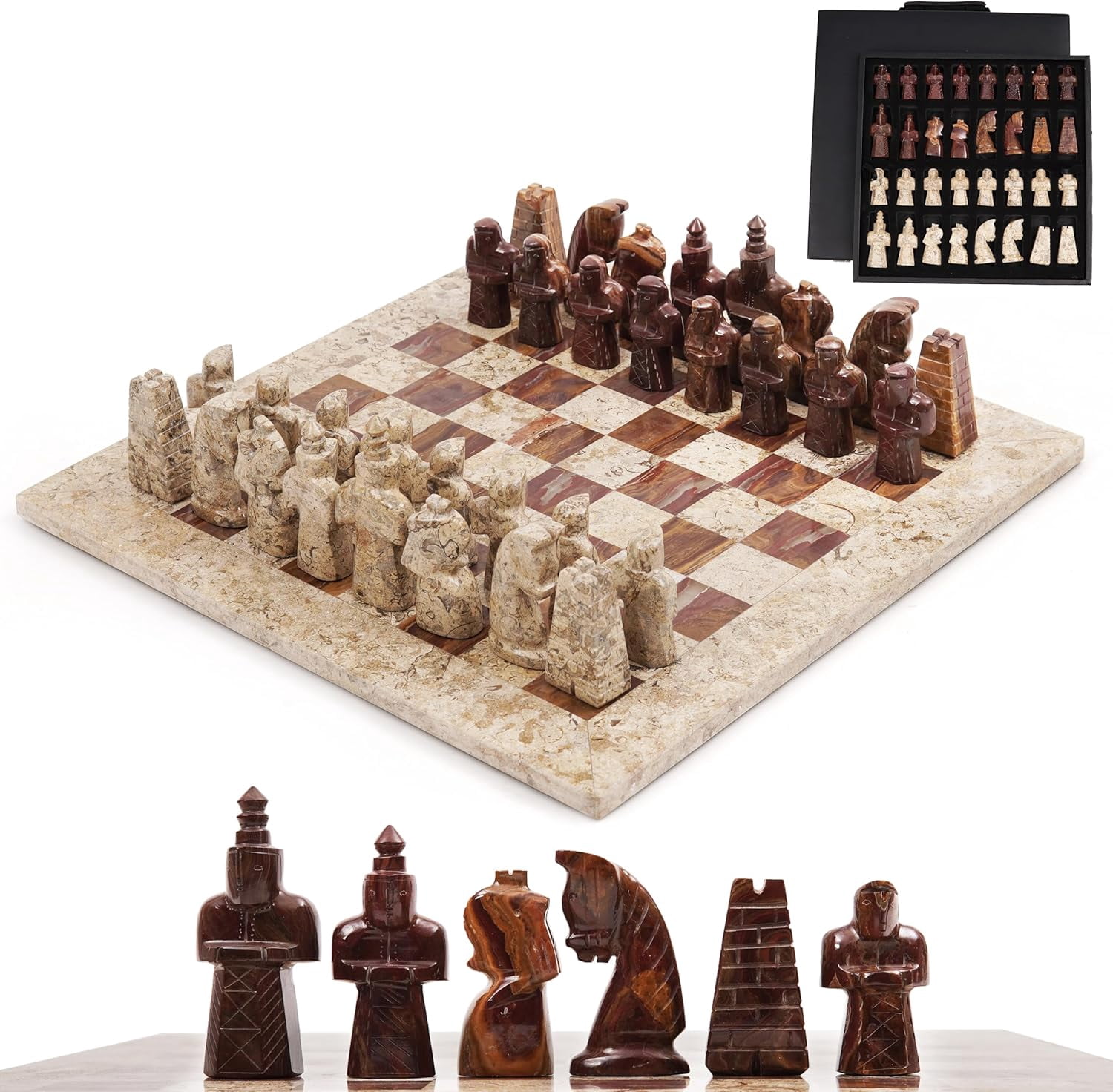 Marble Chess Set – 15 Inch Board With Metallic Pieces & Storage Box
