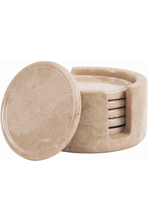 Marble Coasters Set of 6 Handmade 3.5 inch Verona Round Coasters for Drinks, Stone Coasters with Holder for Home Décor