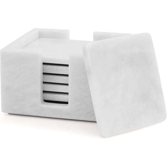 Radicaln White Marble Coasters with Holder – 3.5" Square Coasters for Drinks, Set of 6 for Coffee Table Decor, Kitchen Table, Home & Bar Accessories