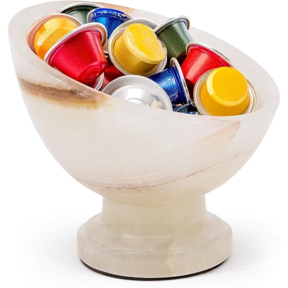 Radicaln Marble Coffee Pods Holder for Counter White Onyx 7 inch Espresso Accessories Storage Bowl, Pod Organizer, Coffee Bar Decor, Stone Kitchen Countertop Holder and Decorative Bowl for Fruit